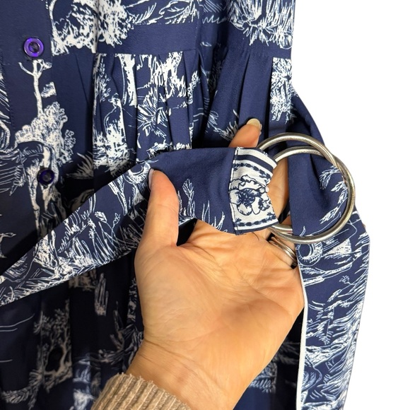 Eshakti Toile Print Crepe Belted Shirt Dress Size 2X Blue Pastoral Horse Novelty - Picture 7 of 16